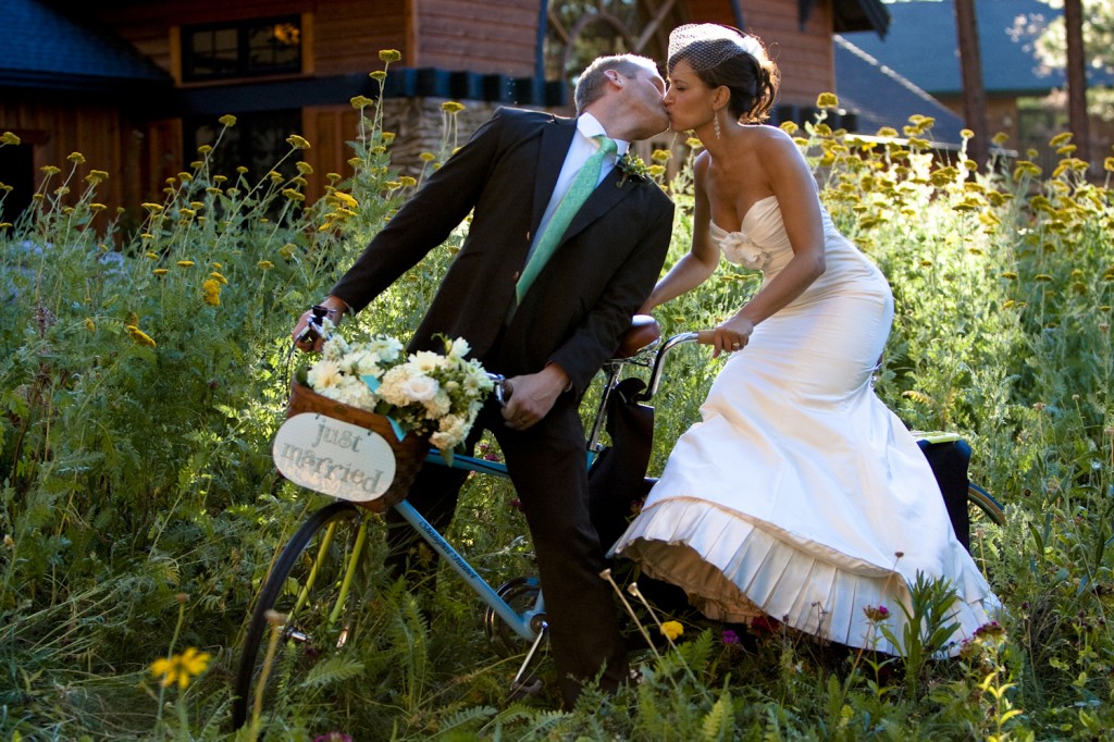 Bride and Groom on Tandem Bike